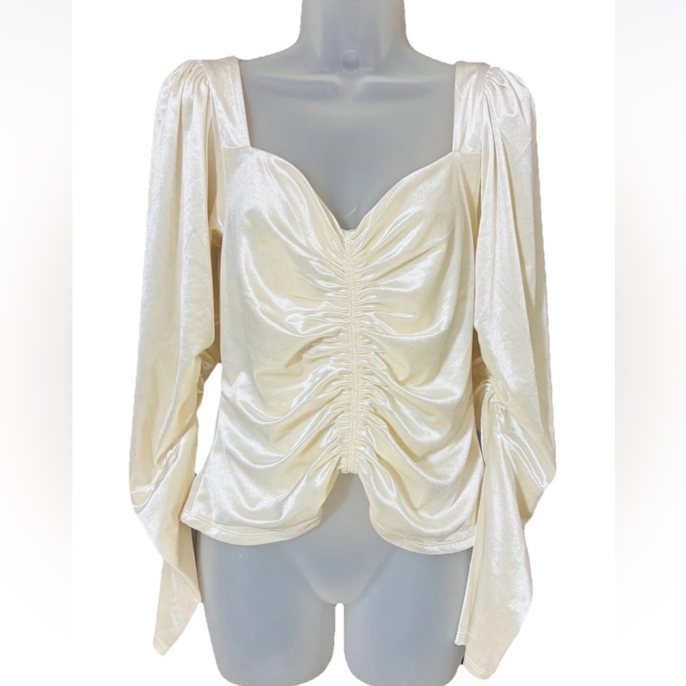 Express Top Womens M Cream Velvet Ruched Puff Long Sleeve Blouse Shirt Party